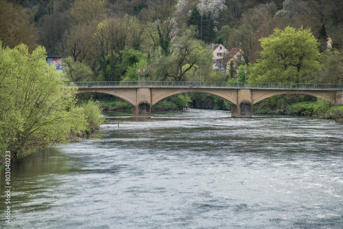 Steinerne Rundbogenbrücke vor Bäumen mit frischem Blattgrün und versteckten Häusern an Fluss mit silbern glänzenden Reflexionen 