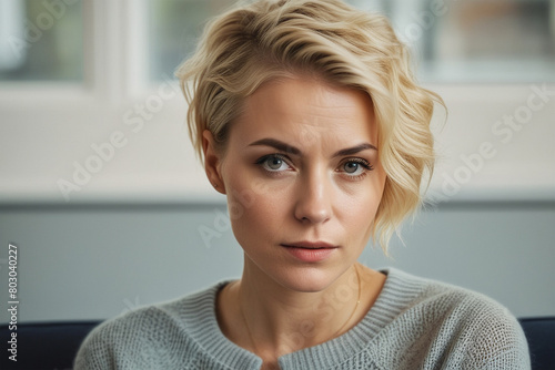 An adult woman sits in a psychotherapist's office and discusses her problem. Close-up portrait of a woman in a psychologist's office. Counseling about problem at therapy session.