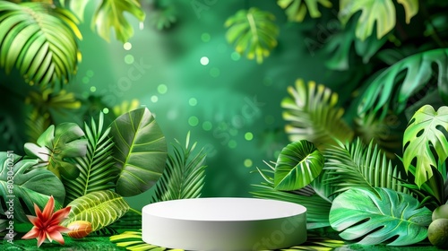 Stylish white podium for showcasing products in a lush and vibrant tropical garden environment