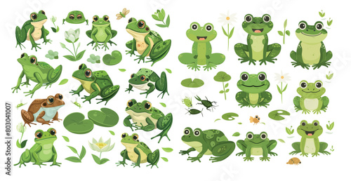 Illustration of cartoon frogs, tadpoles, green frogs, water lilies, summer pond and insects.