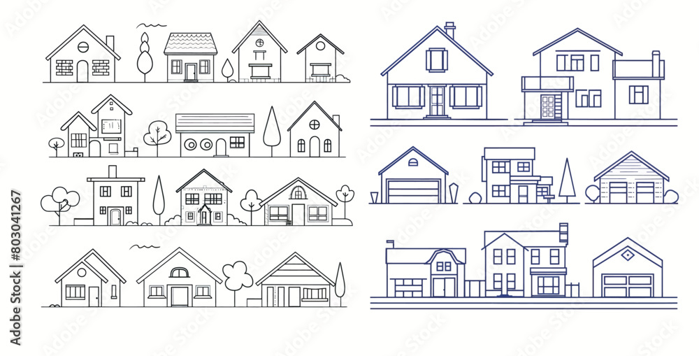 Modern illustration of a building estate line, house outline graphic set depicting vacation homes