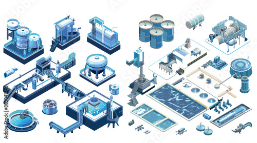 Industrial water tanks, pumping stations and industrial water facilities with cleaning and filtering systems in isometric photo
