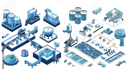 Industrial water tanks, pumping stations and industrial water facilities with cleaning and filtering systems in isometric