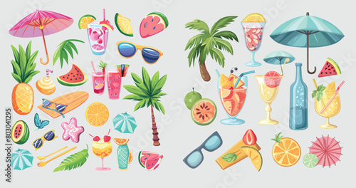 Summertime elements modern illustration set with cocktails, ice cream, exotic fruits and a palm and board. Umbrella and sunglasses.