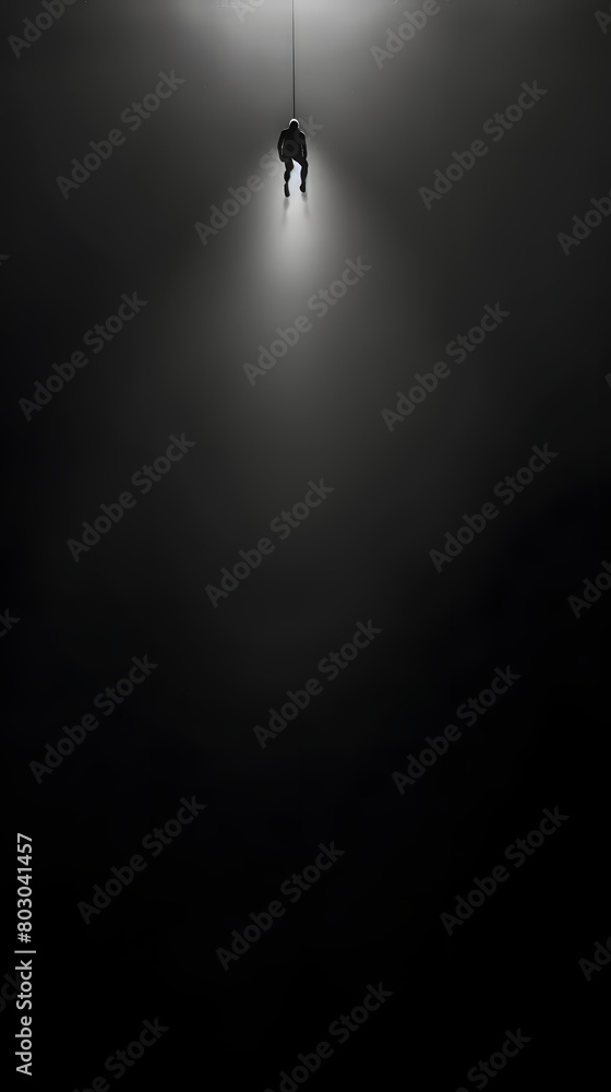 a black and white photo of a distant silhouette of a man in free fall illumintaed by a single spot light from above, surrounded by emptiness, darkness, endless empty space a black and white photo of a distant silhouette of a man in free fall illumintaed by a single spot light from above, surrounded by emptiness, darkness, endless empty space