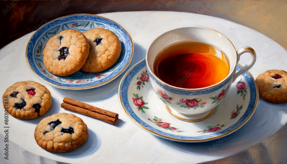 A cup of tea with dessert on the table served for afternoon tea A cup of tea with dessert on the table served for afternoon tea