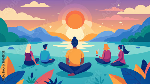 The sun peeks through the rustling leaves casting a warm glow on the patients as they engage in a guided meditation session near a tranquil pond..