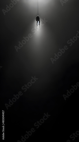 a black and white photo of a distant silhouette of a man in free fall illumintaed by a single spot light from above, surrounded by emptiness, darkness, endless empty space