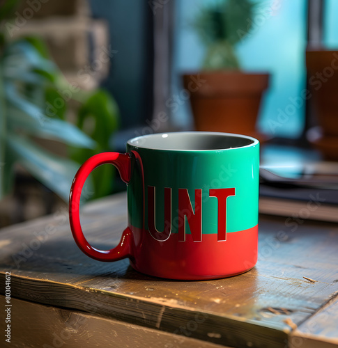 a mug containing the word unt on it red handle to the left sits on a table, in the style of use of screen tones, dye-transfer, emerald and dark purpl, logo photo