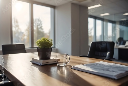 Coffee cup and book on table in modern meeting room with panoramic windows