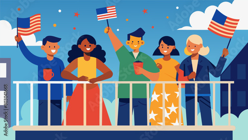 A group of neighbors on their balconies waving American flags and singing patriotic songs as they watch the fireworks.. Vector illustration