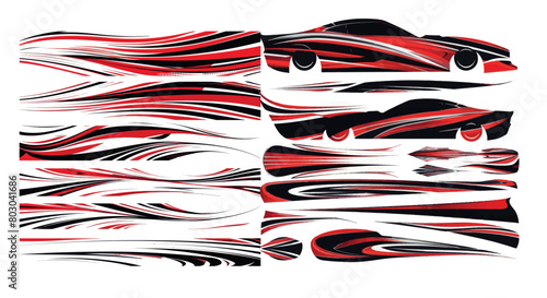 Lines for race cars. Vinyl stickers with stripes, tuning lines and speed lines isolated on white with red and black colors.