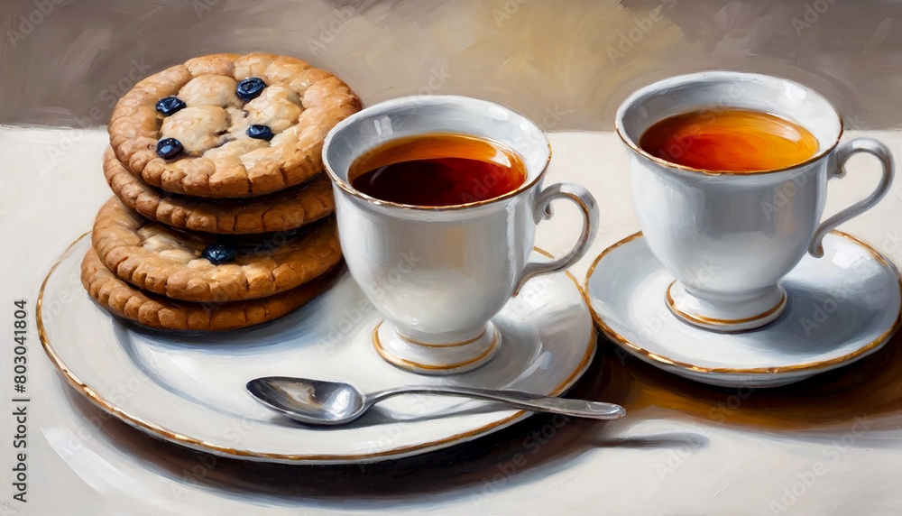A cup of tea with dessert on the table served for afternoon tea A cup of tea with dessert on the table served for afternoon tea