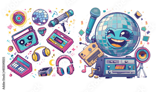 Party  design with cartoon characters dating back to the 90s. Smiling disco ball, microphone