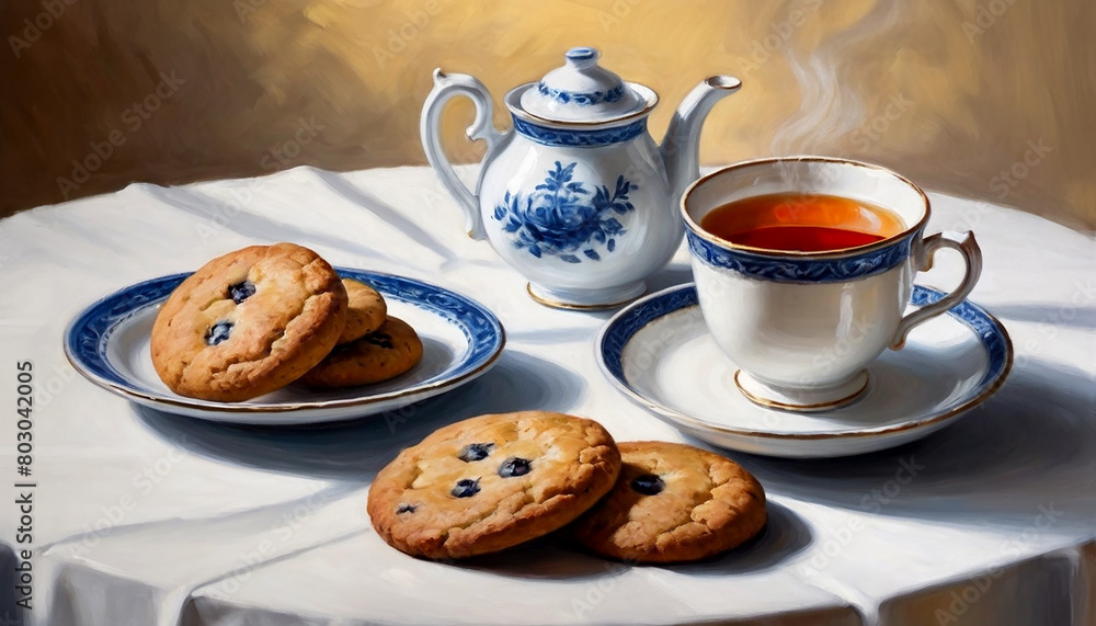 A cup of tea with dessert on the table served for afternoon tea A cup of tea with dessert on the table served for afternoon tea