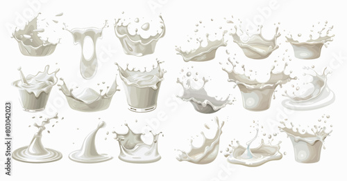 A milk cream drop illustration with yogurt splash drops, natural cheese and fresh milk emblems isolated on a white background.