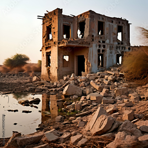 a photo of a ruined house located chotahazri dam in sangha district Sindh Pakistan, Destroyed buildings, houses,generate ai
 photo