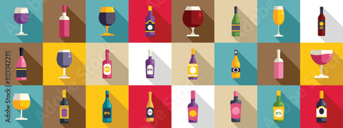 Non-alcoholic wine icons set flat vector. Summer party drink. Healthy drink
