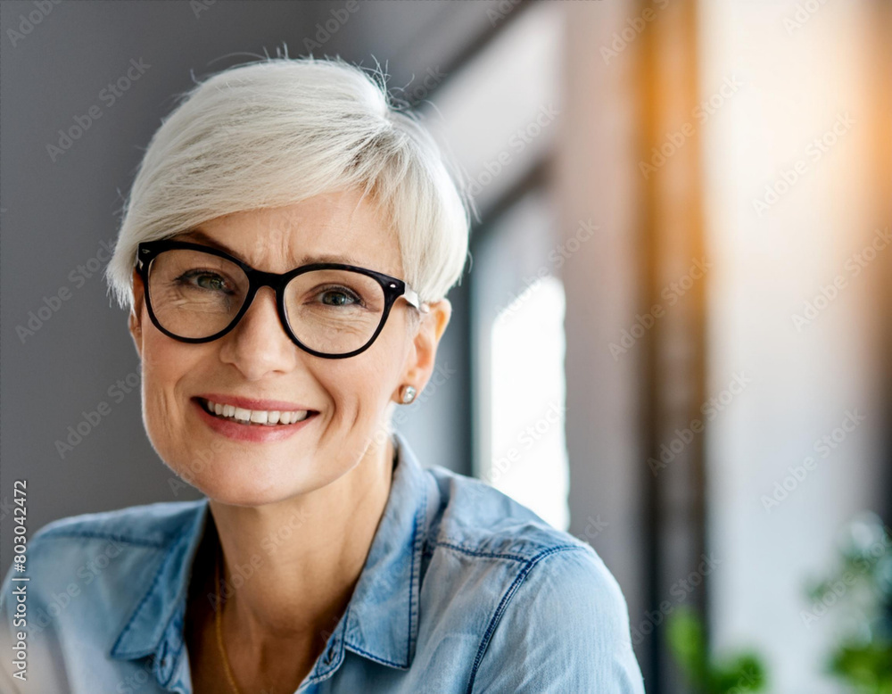 portrait of friendly beautiful smiling 50 years happy old woman with white hair grey at home with glasses portrait of friendly beautiful smiling 50 years happy old woman with white hair grey at home with glasses