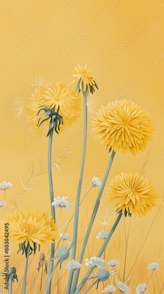 yellow dandelion illustrations, spring daytime, peaceful, pastel yellows