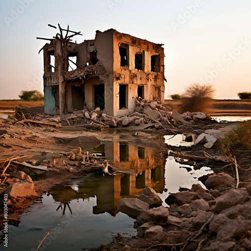 a photo of a ruined house located chotahazri dam in sangha district Sindh Pakistan, Destroyed buildings, houses,generate ai
 photo