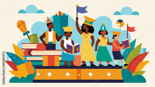 A bookthemed parade featuring floats decorated with scenes from popular African American literary works with enthusiastic crowds cheering on the. Vector illustration