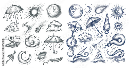  Clear sun and moon, tornado and hurricane wind, thermometer and retro umbrella, modern illustration of rain and storm elements.