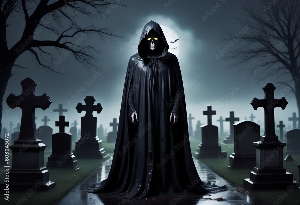 A scary figure in a black cloak, a ghost, in dark foggy cemetery. Halloween concept poster. A scary figure in a black cloak, a ghost, in dark foggy cemetery. Halloween concept poster.
