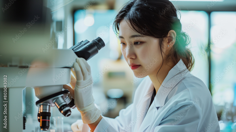 A Korean female life science researcher in her 30s is wearing a white coat while conducting research in a laboratory. close-up, portrait A Korean female life science researcher in her 30s is wearing a white coat while conducting research in a laboratory. close-up, portrait