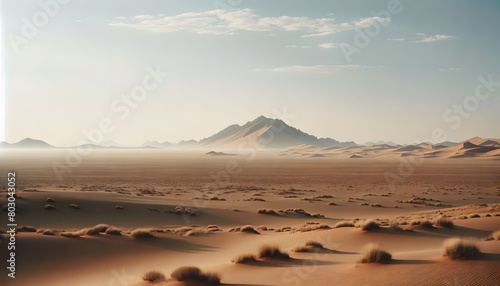A desert landscape with a mountain in the background photo