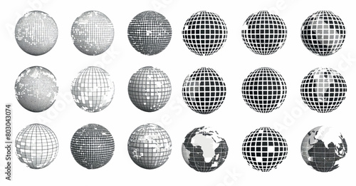 Modern striped spheres, earth latitude and longitude grid symbol set. Spherical grid globe shapes.