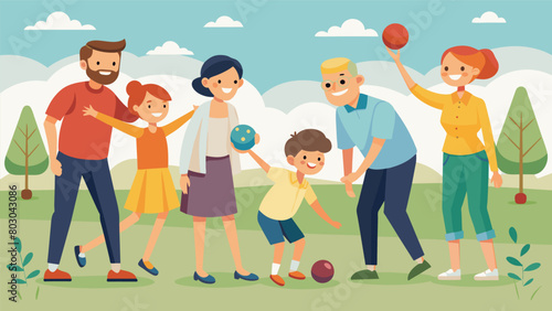 A group of families engaged in a friendly game of lawn bowling their laughter and cheers adding to the community spirit of the picnic.. Vector illustration