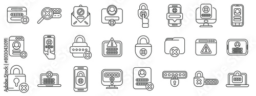 Wrong password icons set outline vector. Lock key forget. Work data shield