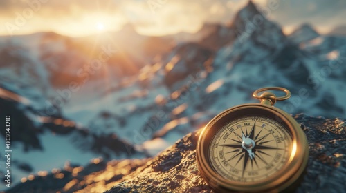 Retro vintage compass on a rock, nature and mountains on background
