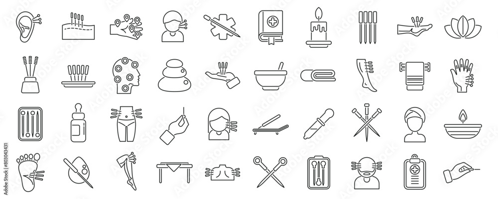 Acupuncture icons set outline vector. Meridian body. Liver point needle Acupuncture icons set outline vector. Meridian body. Liver point needle