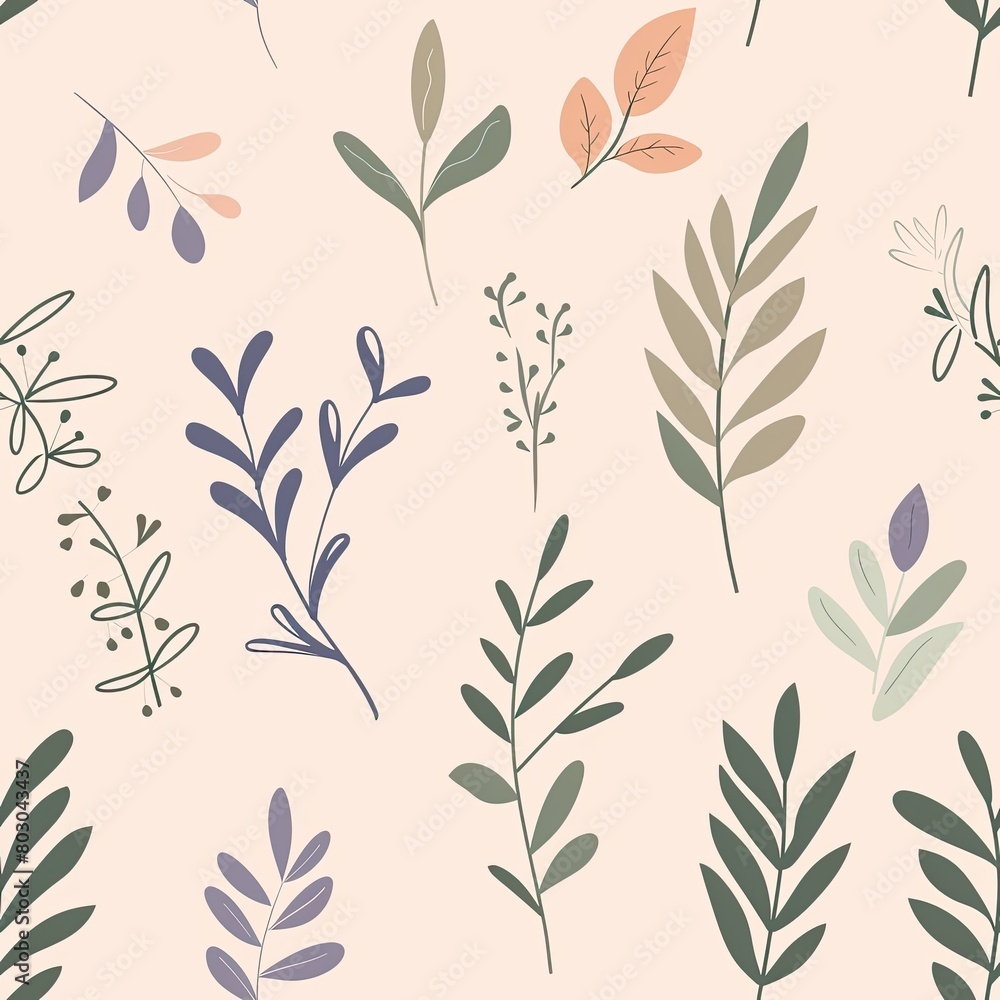 Botanical watercolor seamless pattern in soft pastel tone illustrations