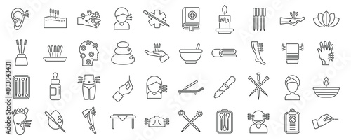 Acupuncture icons set outline vector. Meridian body. Liver point needle photo