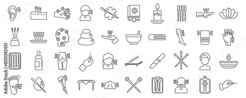 Acupuncture icons set outline vector. Meridian body. Liver point needle