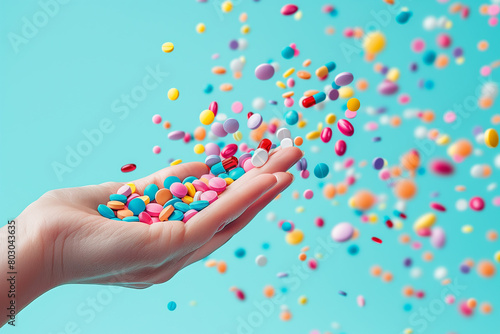 Colorful medicine pills and capsules in hand on pastel blue background. Female hand spilling pills out of white bottle Pharmacy, medicine and health care concept. Top view. Flat lay. Copy space, 3d, i