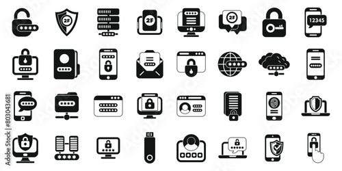 Multi factor authentication icons set simple vector. Password security. Page login