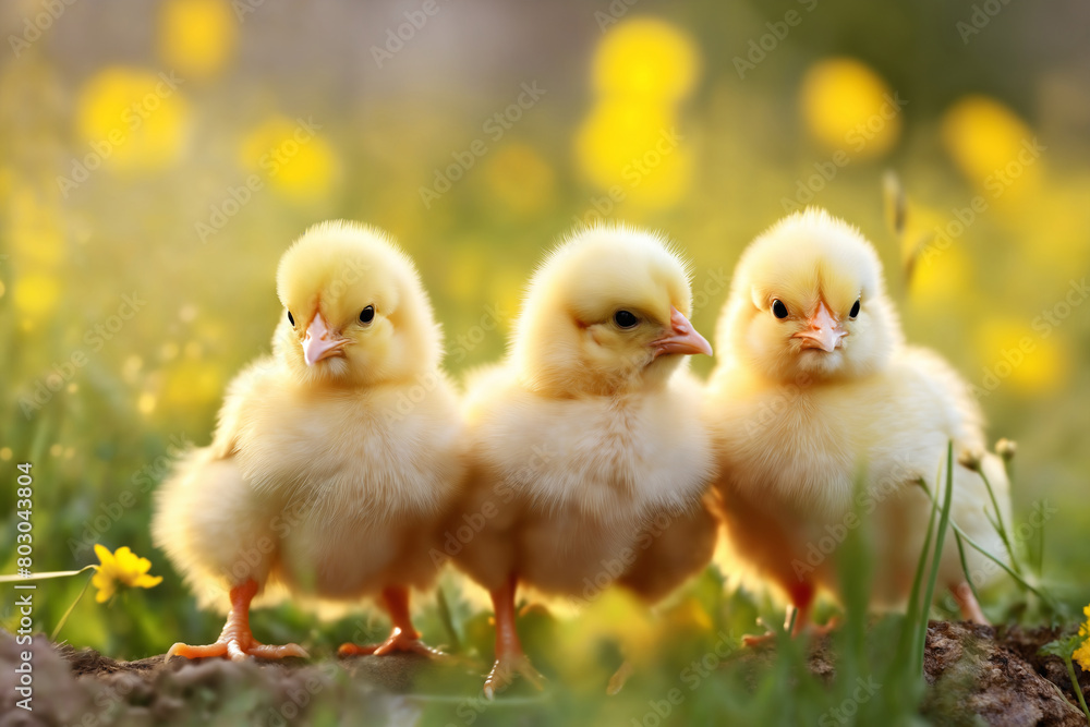 Portrait of small baby chickens on a green grass meadow, bright sunny day, on a ranch in the village, rural surroundings on the background of spring nature