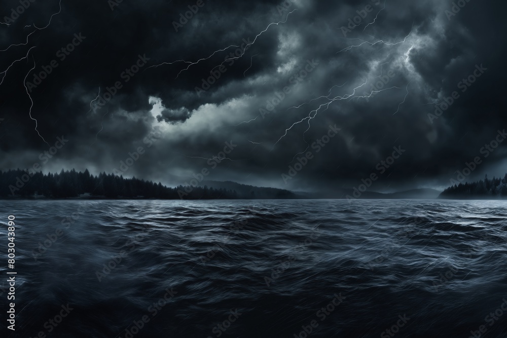 Fototapeta premium night landscape, dark dramatic stormy sky with cumulus clouds over forest and river, for abstract background