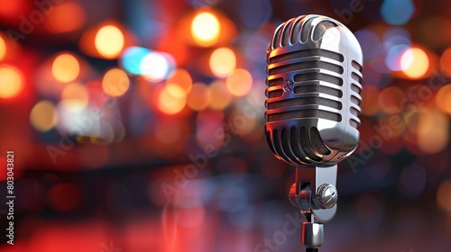 Professional microphone in recording studio with blurred background and space for text