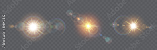 Sunlight glare effects realistic vector illustration set. Sunbeams natural flare. Sun rays light 3d elements on transparent background