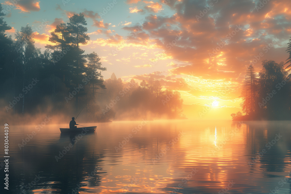 Man practicing solitary fishing at a tranquil lake during early summer dawn Man practicing solitary fishing at a tranquil lake during early summer dawn