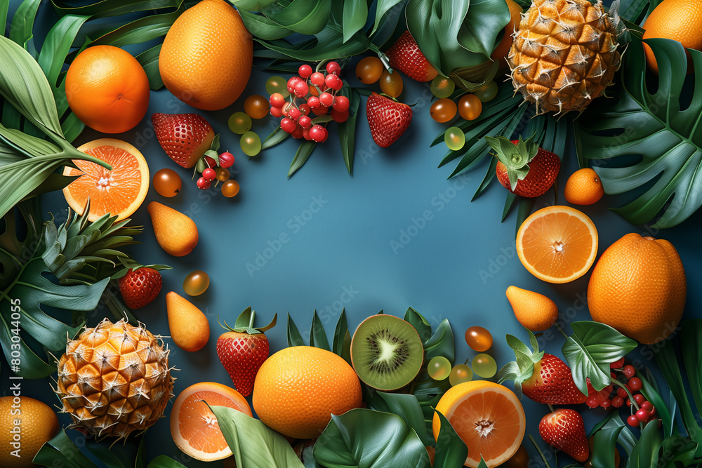Beautiful summer frame, posters and banners with fruits, 3d, illustration Beautiful summer frame, posters and banners with fruits, 3d, illustration