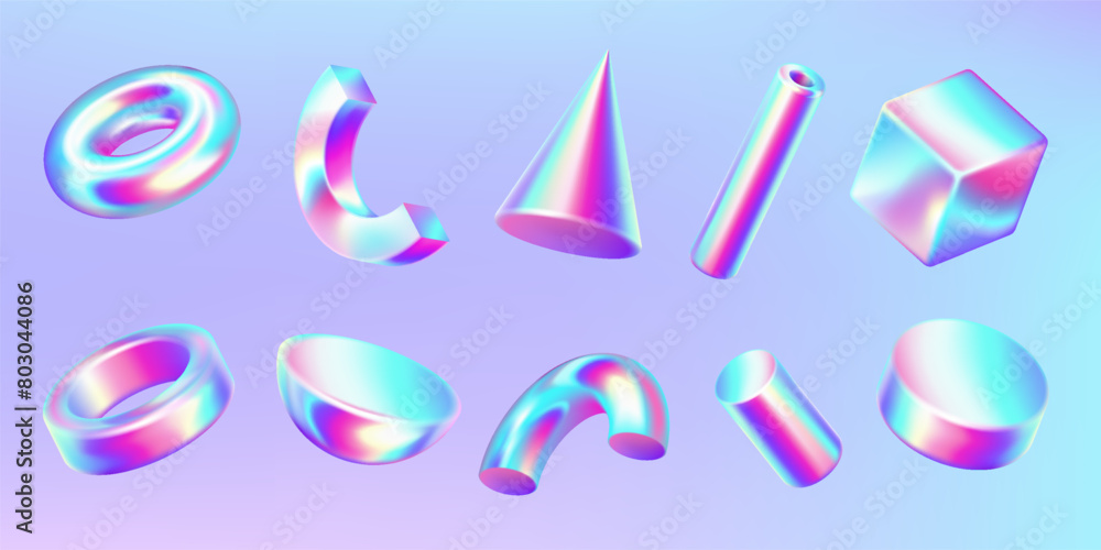 Holographic geometric shapes realistic vector illustration set ...