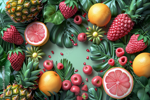Beautiful summer frame, posters and banners with fruits, 3d, illustration