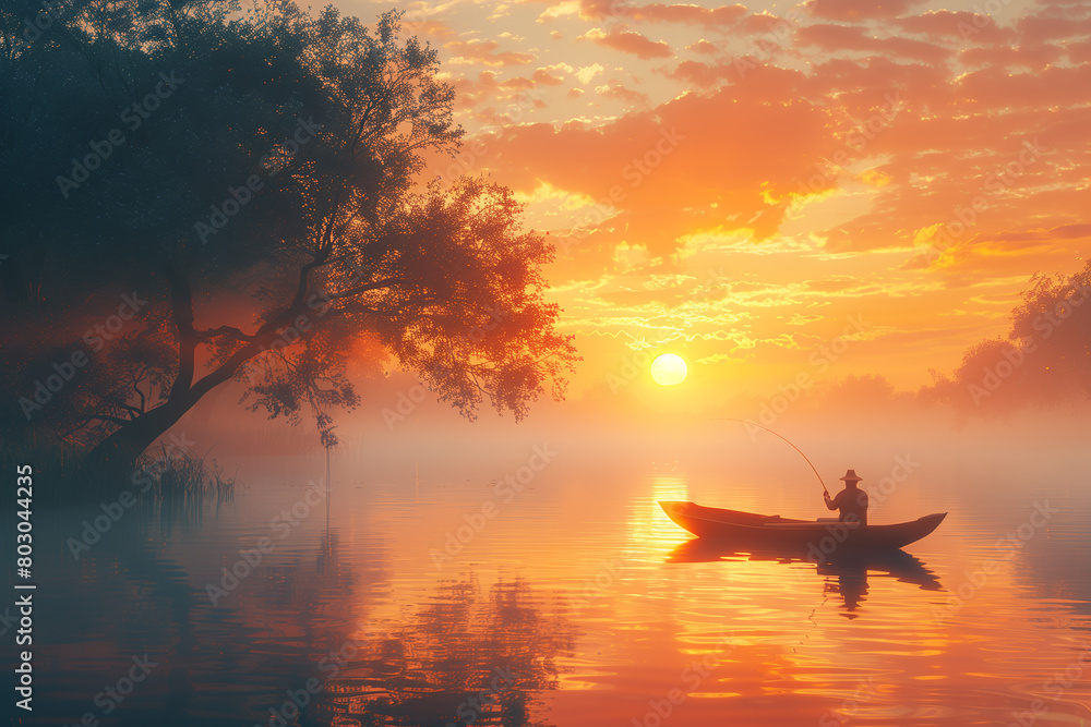 Man practicing solitary fishing at a tranquil lake during early summer dawn Man practicing solitary fishing at a tranquil lake during early summer dawn