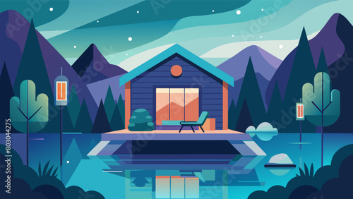 A serene lakeside cabin where patients can undergo ketamine treatments while surrounded by the calming sounds and sights of nature creating a peaceful.